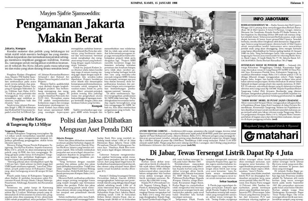 Arsip pemberitaan<i> Kompas</i>, Jumat (15/1/1998), yang memuat tentang operasi pasar minyak goreng di Pasar Kebayoran Lama, Jakarta Selatan, yang diserbu ratusan warga.