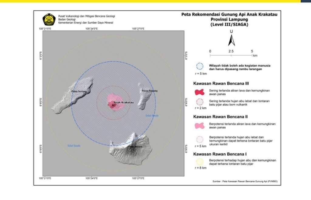 Map of disaster-prone areas around Anak Krakatau volcano in Sunda Strait, South Lampung. Currently, the status of Anak Krakatau volcano is still level III (Alert). The public is prohibited from approaching within a radius of 5 kilometers from the crater. Source: vsi.esdm.go.id website.