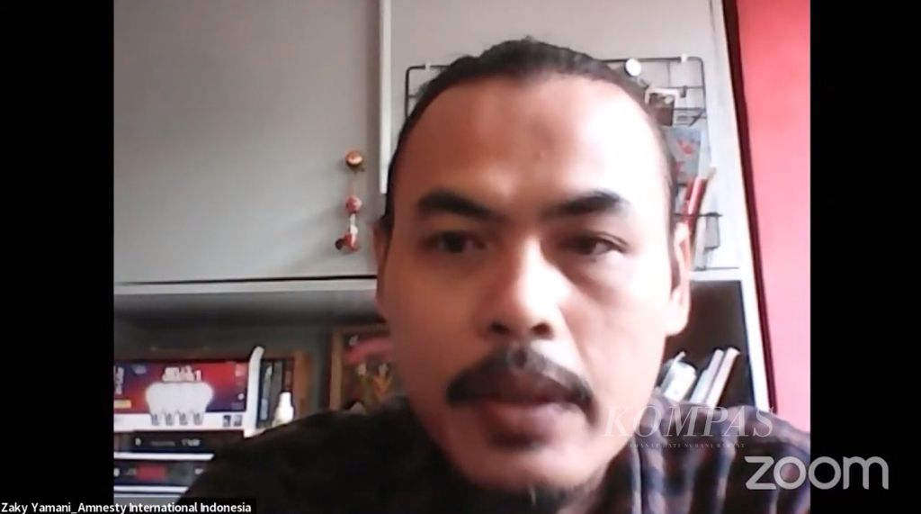 Zaky Yamani dari Amnesty International Indonesia dalam jumpa pers bertajuk “Penyidikan Kejahatan HAM Berat Paniai: Penuh Kejanggalan dan Belum Terlihat Serius, Senin (28/3/2022).