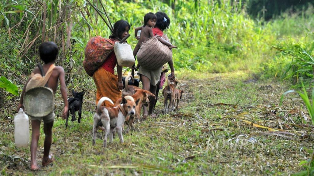 Kelompok warga suku Tobelo Dalam di kawasan Taman Nasional Aketajawe Lolobata, Tidore Selatan, Maluku Utara, Senin (26/3). Mereka tinggal berpindah tempat untuk berburu dan mengambil hasil hutan seperti damar dan sagu. Meski tinggal di kawasan taman nasional, suku Tobelo Dalam tetap menjaga hutan dengan mengambil hasil hutan seperlunya saja.