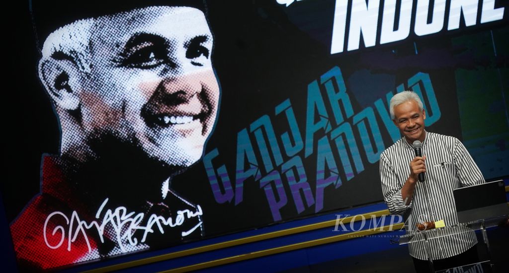 Ganjar Pranowo ketika memberi sambutan saat acara Pelatihan Juru Kampanye Ganjar Pranowo di INews Tower, Jakarta, Senin (17/7/2023). 