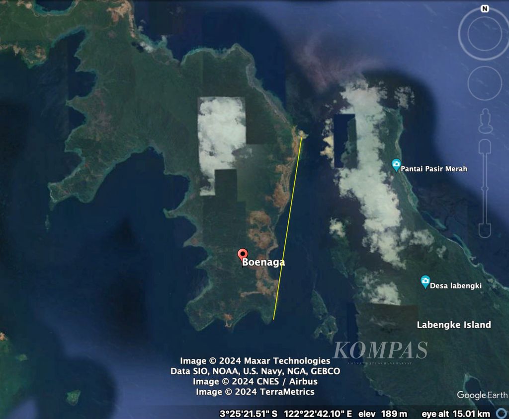 Salah satu kawasan yang terdampak pencemaran sedimentasi pertambangan nikel parah di Konawe Utara, Sulawesi Tenggara, seperti dilihat dari peta, Selasa (30/1/2024). Perairan di kawasan konservasi terdampak lumpur tebal dan logam berat.