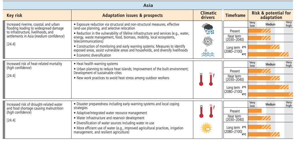 Tangkapan layar dari dokumen "Summary for Policymakers" oleh Panel Antar-pemerintah tentang Perubahan Iklim (IPCC) yang menggambarkan adaptasi potensi risiko daerah terkait krisis iklim global