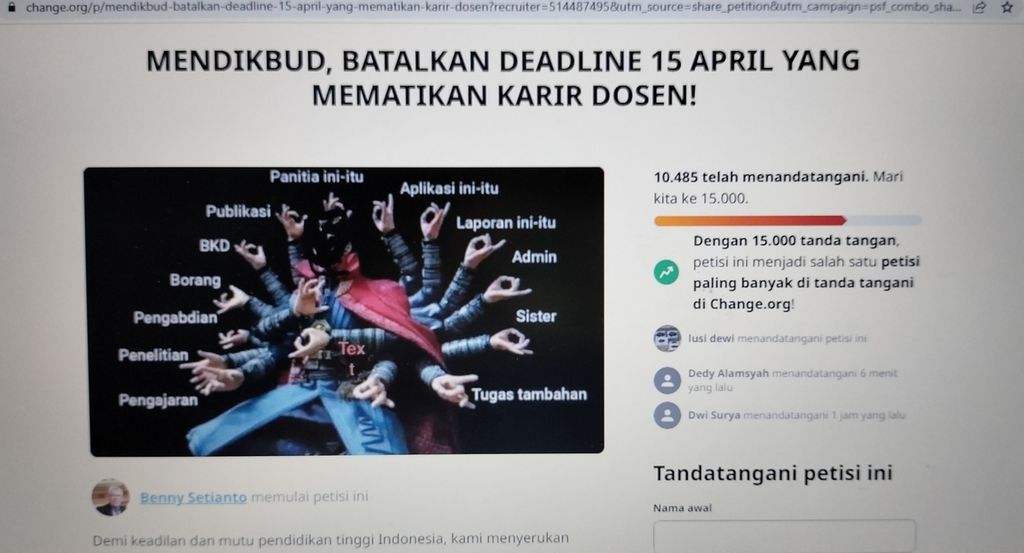 Tangkapan layar petisi para dosen Indonesia di laman www.change.org. Dosen Indonesia digambarkan sebagai dosen super dengan banyak beban administrasi, tetapi belum fokus pada peningkatan kualitas dan kesejahteraan dosen.
