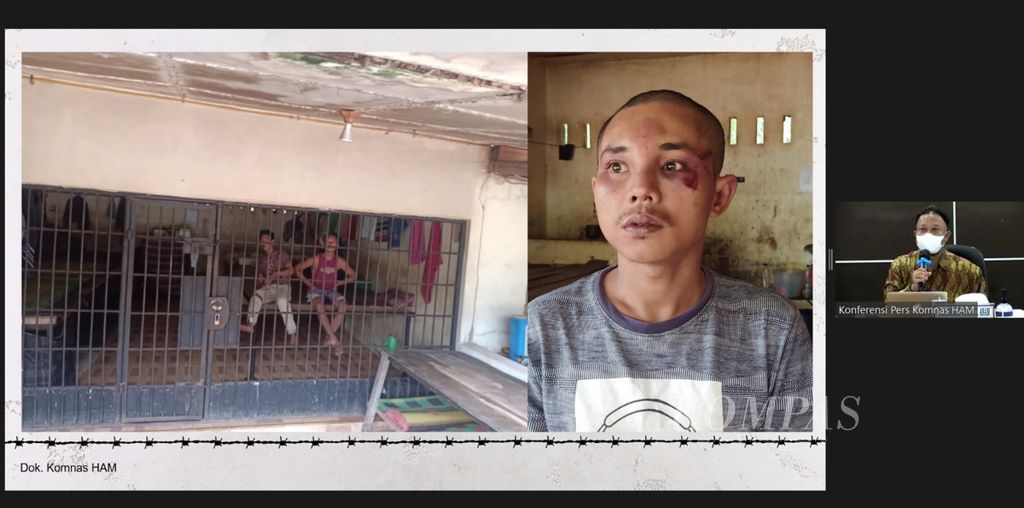 Komisioner Penyelidikan Komnas HAM M Choirul Anam (kanan) menunjukkan foto korban penganiayaan saat memaparkan kesimpulan tentang penyelidikan pelanggaran HAM di panti rehabilitasi narkoba ilegal di rumah pribadi Bupati Langkat Terbit Rencana Perangin-Angin secara daring, Rabu (2/3/2022).