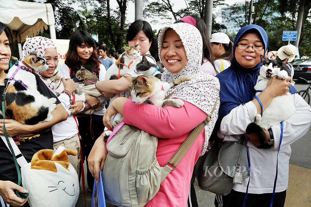 Pencinta kucing kampung berkumpul dalam ajang Cat's on Street di area hari bebas kendaraan bermotor, Jalan Sudirman, Jakarta, Minggu (7/9/2014). Mereka ingin menunjukkan bahwa kucing kampung bukan hama dan bisa tampil sama cantik dan gagah seperti ras kucing lain. 