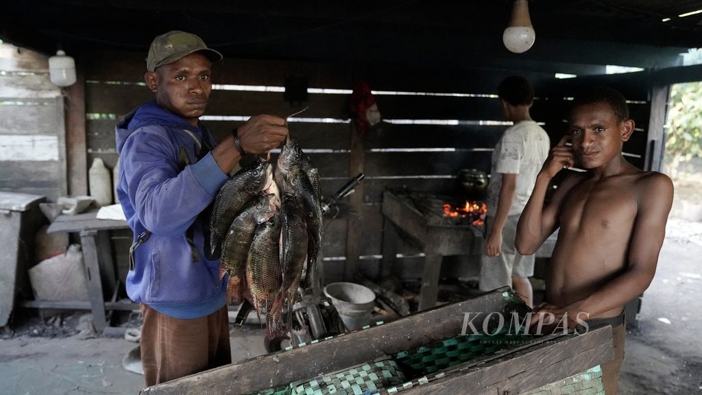 A man brings tilapia fish caught from the Kumbe River to sell to a collection agent in Baad Village, Animha District, Merauke Regency, Papua, Saturday (12/11/2022).