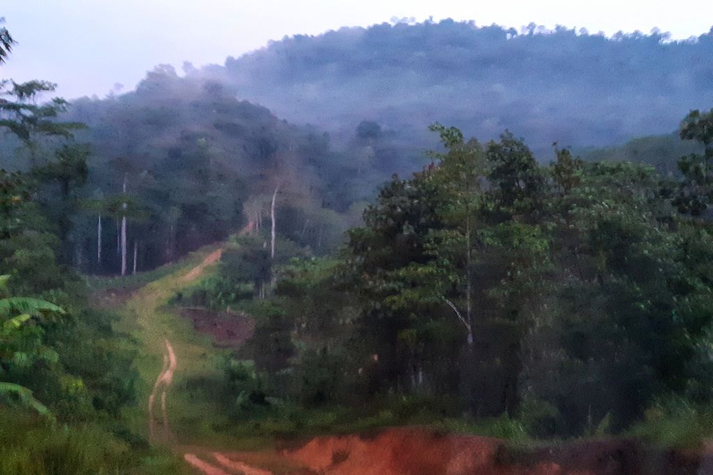 Jalan terjal dan becek menuju Kampung Mului di Desa Swan Slotung, Kecamatan Muara Komam, Kabupaten Paser, Kalimantan Timur, Minggu (19/11/2023).