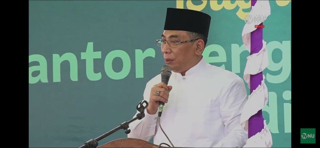 Ketua Umum PBNU Yahya Cholil Staquf hadir dalam acara doa bersama (istigasah) dan pencanganan kantor PBNU di Penajam Paser Utara, Kalimantan Timur, Minggu (30/1/2022).