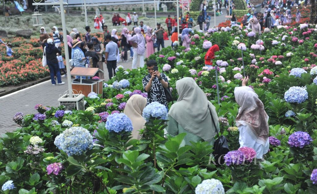 Wisatawan berfoto di antara bunga di Taman Rekreasi Wisata Selecta di Kota Batu, Jawa Timur, Minggu (3/12/2023). Menjelang libur Natal dan Tahun baru sejumlah pengembangan dilakukan di taman tersebut. 