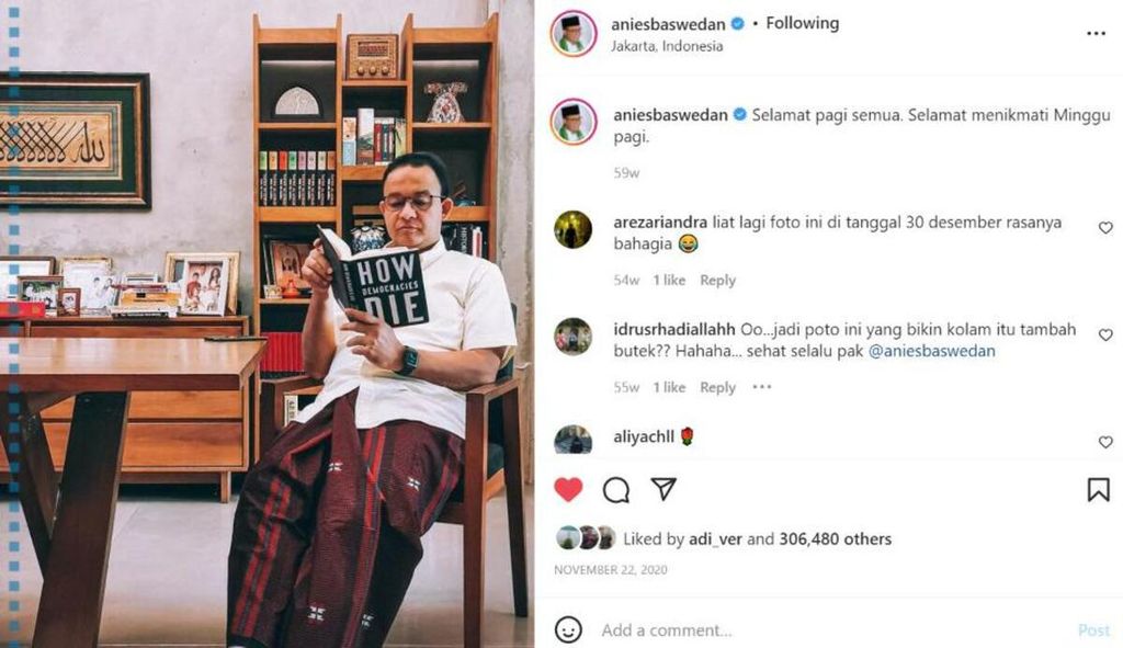 Tangkapan layar konten dari Instagram Anies Baswedan saat membaca buku How Democracies Die yang kemudian viral di sosial media