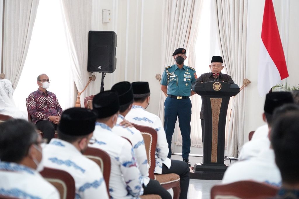 Wakil Presiden Ma’ruf Amin ketika membuka acara Hipmi Sharia Conference 2022 di Istana Wapres, Jakarta, Selasa (29/3/2022).