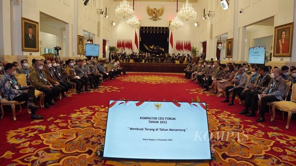 Sejumlah pemimpin perusahaan terkemuka hadir dalam Kompas100 CEO Forum powered by East Ventures di Istana Negara, Jakarta, Jumat (2/12/2022). 