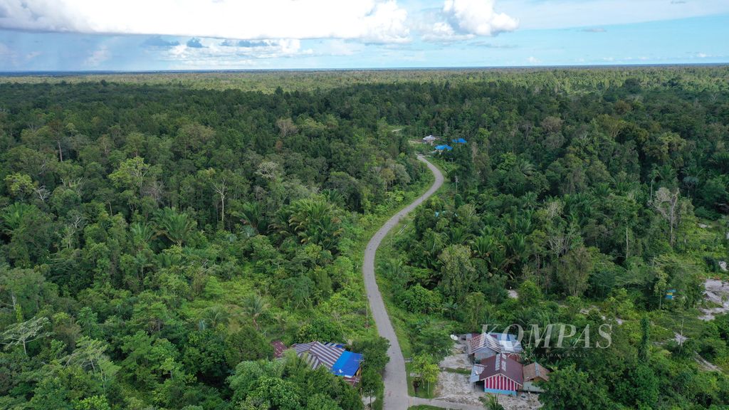 Hutan mengelilingi kawasan permukiman warga di Distrik Konda, Sorong Selatan, Papua Barat, Rabu (9/6/2021). Masyarakat setempat menolak rencana kehadiran perkebunan sawit di kawasan mereka.