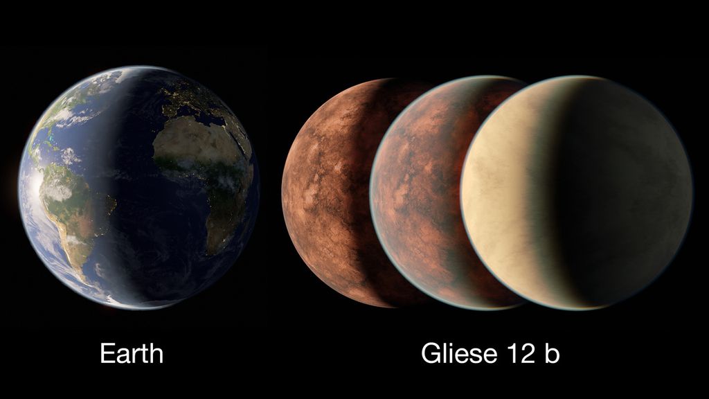 Perkiraan ukuran Gliese 12 b mungkin sebesar Bumi, sedikit lebih kecil, atau sebanding dengan Venus di tata surya kita.  Konsep seniman ini membandingkan Bumi dengan kemungkinan interpretasi berbeda terhadap Gliese 12 b, mulai dari tidak ada atmosfer hingga atmosfer padat seperti Venus.