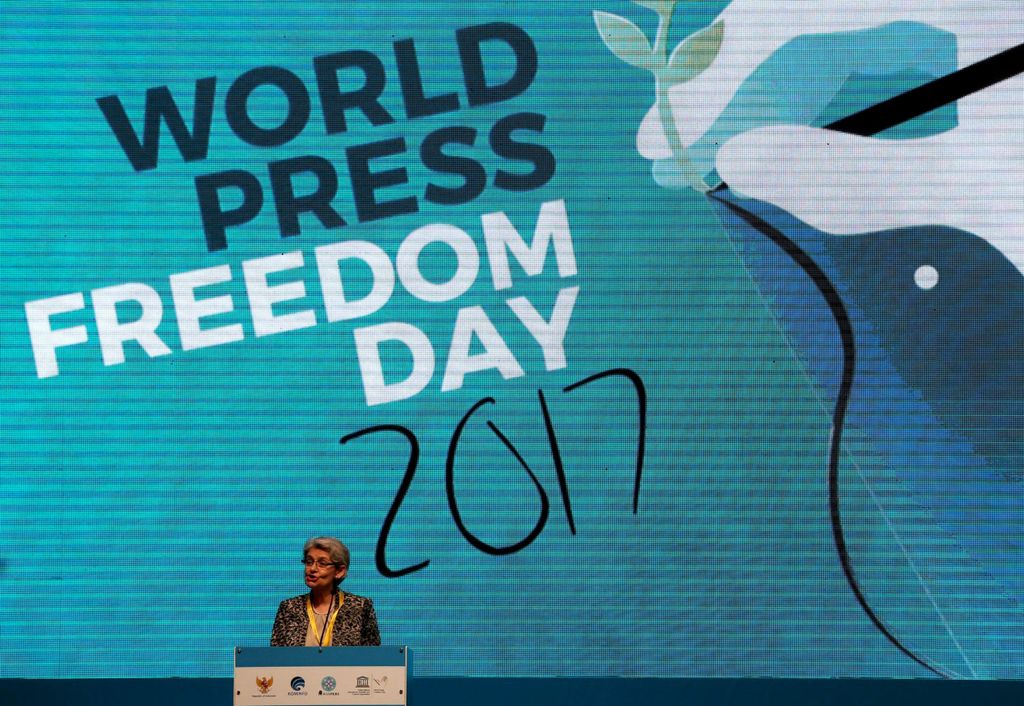 Direktur Jendral Unesco Irina Bokova memberikan sambutan dalam acara Pembukaan World Press Freedom Day 2017 yang digelar di Jakarta Convention Center, Jakarta, Rabu (3/5)