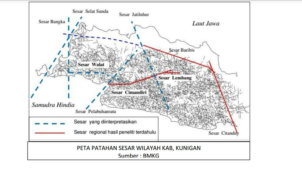 Potret peta patahan sesar gempa di Kabupaten Kuningan, Jawa Barat, Kamis (8/2).