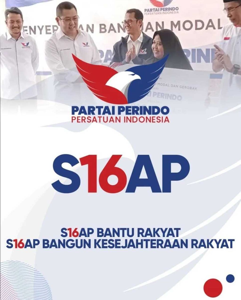 Salah satu poster Partai Perindo yang disebarluaskan melalui media sosial. Pada Pemilu 2024, Perindo mendapatkan nomor urut 16. 