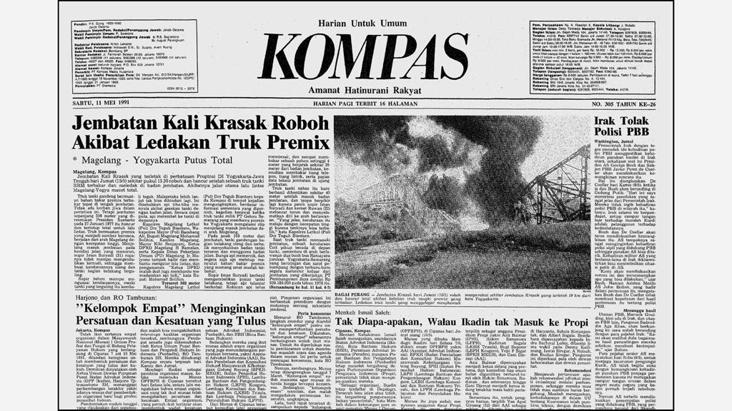 Halaman pertama harian Kompas edisi 11 Mei 1991 dengan foto headline yang dikirim ke Jakarta memakai mesin faksimile. 
