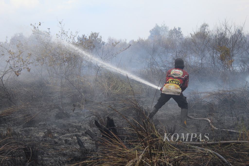 Petugas dari tim gabungan pemadam kebakaran hutan dan lahan Provinsi Kalimantan Tengah berupaya memadamkan api yang membakar lahan gambut di Jalan Hapakat, Kelurahan Petuk Katimpun, Kota Palangkaraya, Kalteng, Jumat (25/8/2023). 