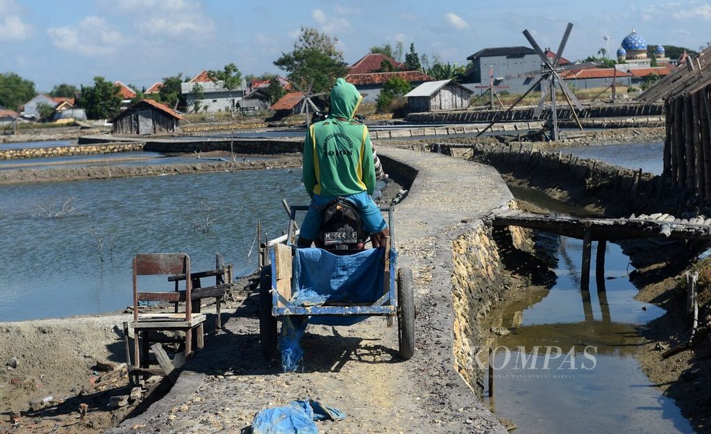 Petambak melintasi jalan setapak di sentra produksi garam di Desa Bunder, Kecamatan Pademawu, Pamekasan, Jawa Timur, Selasa (18/7/2023). Perubahan iklim yang membuat bergesernya musim kemarau menjadi hal paling dikhawatirkan petani. 