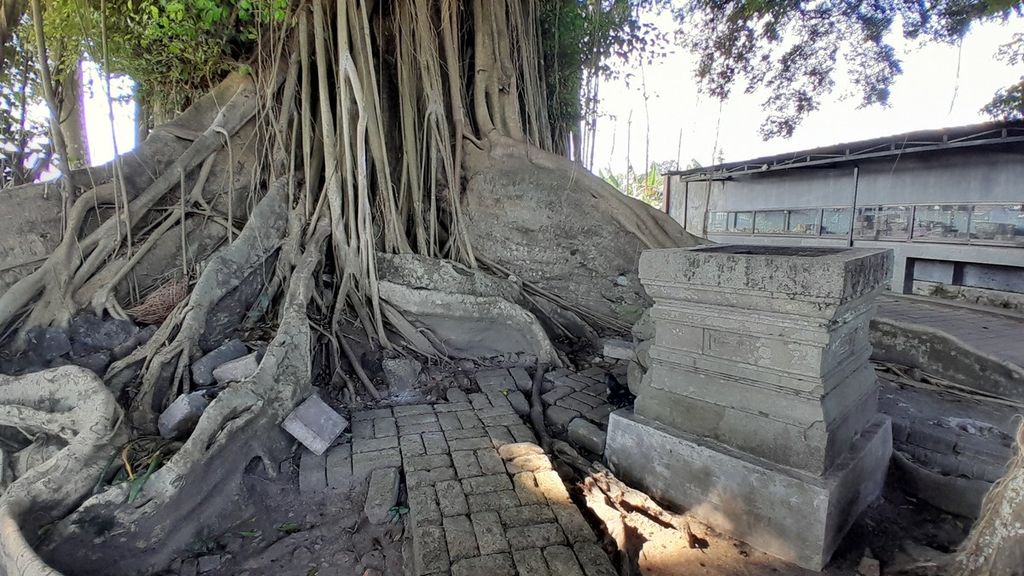 Benda cagar budaya <i>yoni </i>yang berada di bawah pohon beringin besar di Situs Gedog, di Kelurahan Gedog, Kecamatan Sananwetan, Kota Blitar, Jawa Timur, saat diabadikan, Rabu (21/6/2023).