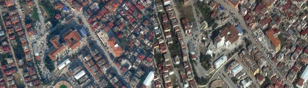 Foto satelit kombo yang menunjukkan kondisi bangunan sebuah rumah sakit di Antakya, Turki, sebelum gempa pada 22 Desember 2022 (kiri) dan setelah gempa pada 9 Februari 2023. 