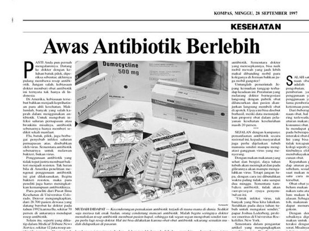 Tangkapan layar arsip berita <i>Kompas</i> tentang isu antiobiotik (antimikroba), bahaya konsumsi antibiotik berlebihan. Tulisan itu dimuat pada 28 September 1997. 