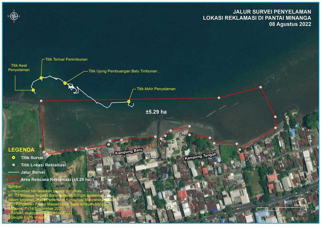 Peta lokasi survei Scientific Exploration Team yang dipimpin Rignolda Djamaluddin di Pantai Minanga, Malalayang 1, Manado, Sulawesi Utara, pada 8 Agustus 2022. Area perairan seluas 5,3 hektar akan ditimbun demi membuka ruang bagi pembangunan hotel, mal, dan pusat pameran internasional.