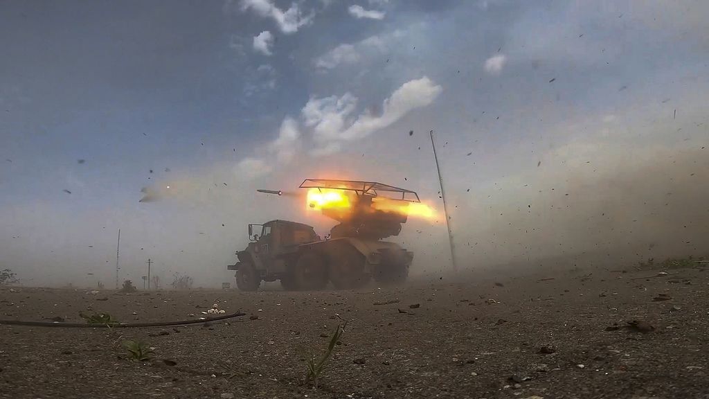 Photo from a video clip on May 21, 2024 shows the Russian Armed Forces' multi-launcher rocket BM-21 "Grad" 122 mm firing rockets at a secret location.