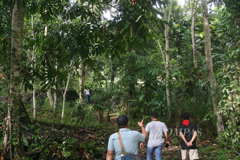 Sejumlah pengunjung di tempat Wisata Alam Hiroshi di Kabupaten Jayapura, Papua, Selasa (30/11/2021). Di tempat ini juga ditanam aneka pohon yang menjadi sumber bahan baku pembuatan noken atau tas tradisional di Papua.