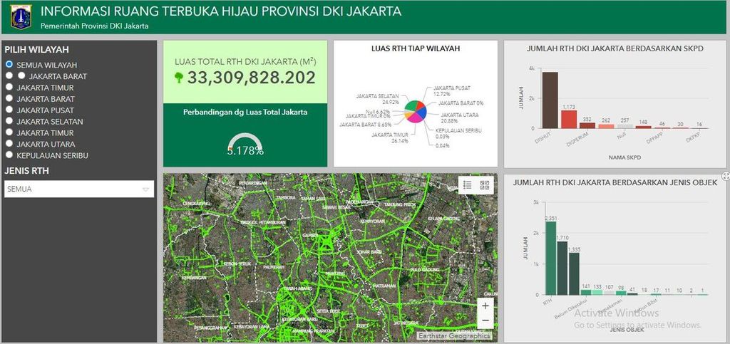 Tangkapan layar data ruang terbuka hijau di Jakarta dari situs resmi Jakarta Satu.