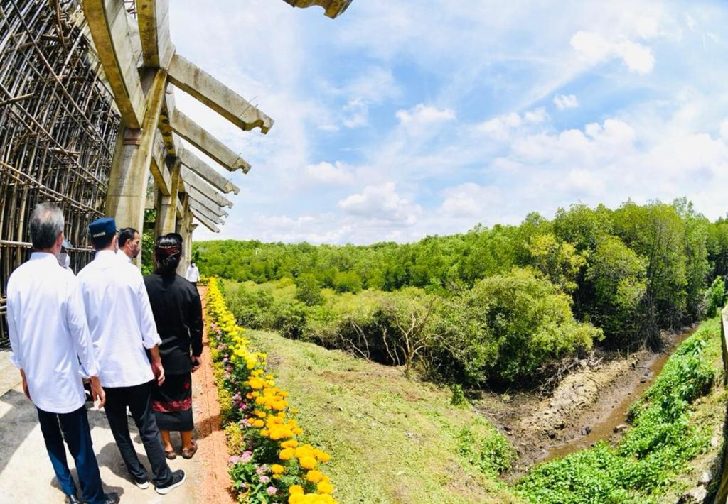 Presiden Joko Widodo meninjau Mangrove Conservation Forest atau Taman Hutan Raya (Tahura) Ngurah Rai di Pemogan, Denpasar Selatan, Kota Denpasar, Kamis (2/12/2021). Para kepala negara dan kepala pemerintahan negara-negara G-20 akan diajak berkunjung ke tempat tersebut dalam KTT G-20 di Bali, November 2022.
