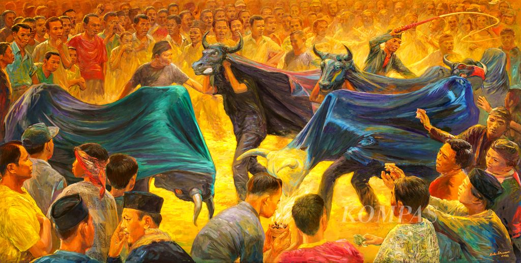 Lukisan berjudul ”The Ferocity of Bullfighting” karya Budi Ubrux