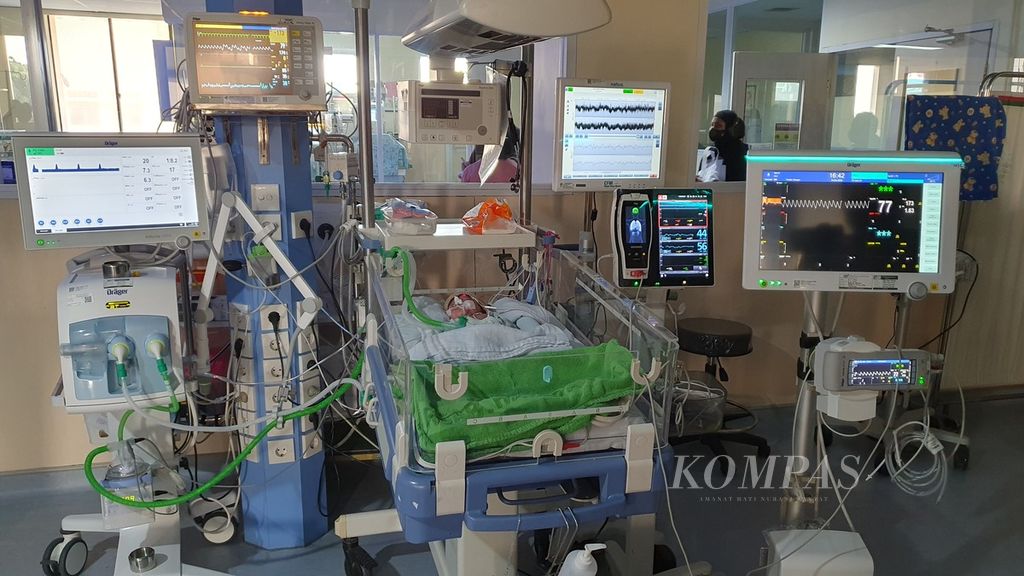 Seorang bayi prematur yang tengah dirawat di inkubator di ruang Neonatal Intensive Care Unit (NICU), Rumah Sakit Anak dan Bunda (RSAB) Harapan Kita, Jakarta, Jumat (15/12/2023).