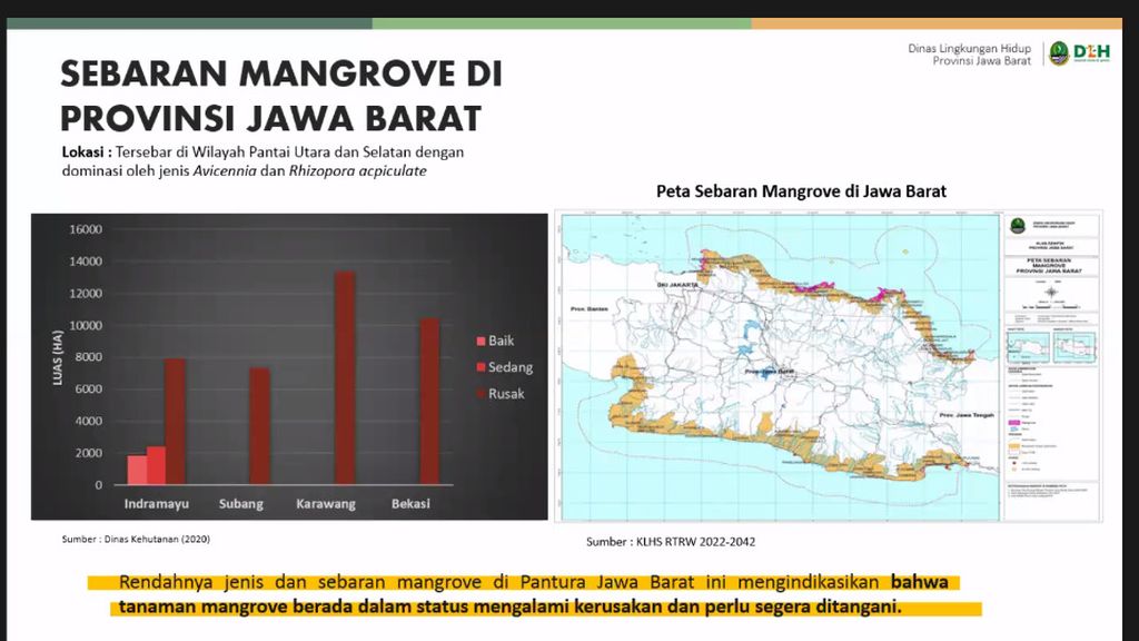 Gambaran kerusakan mangrove di pesisir utara Jawa Barat yang ditampilkan dalam diskusi grup terarah “bertema Restorasi Ekosistem Mangrove di Pesisir Utara, Desa Mayangan Kabupaten Subang” di Bandung, Jabar dan via daring, Selasa (21/6/2022). Kegiatan itu digelar Dinas Lingkungan Hidup (DLH) Jabar, Wanadri, hingga Migas Hulu Jabar.