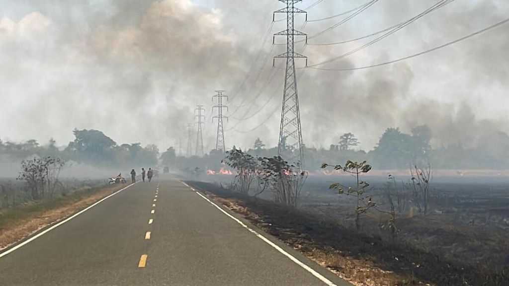 Situasi kebakaran lahan di area Taman Nasional Rawa Aopa Watumohai, di Lantari Jaya, Bombana, Sulawesi Tenggara, Senin (30/10/2023). Puluhan hektar lahan yang terbakar menambah catatan kebakaran yang mencapai lebih dar 1.600 hektar di TNRAW pada 2023.