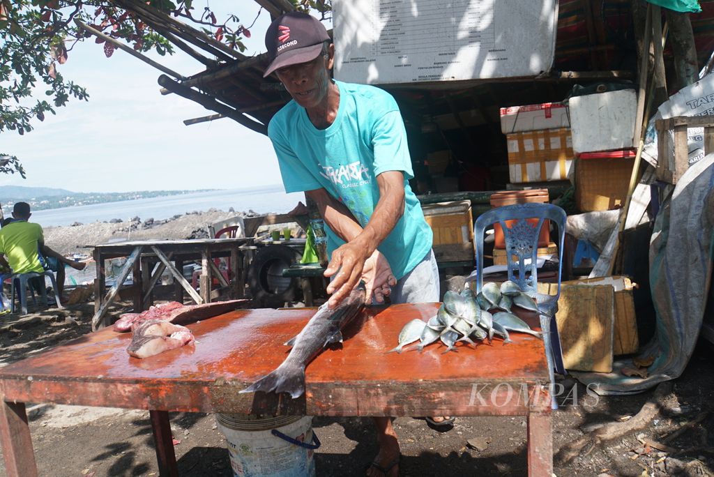 Rasyid Poli (62), nelayan tradisional, menjajakan ikan tangkapannya, Selasa (6/9/2022), di dermaga kawasan bisnis Megamas di tepi Teluk Manado, Sulawesi Utara.