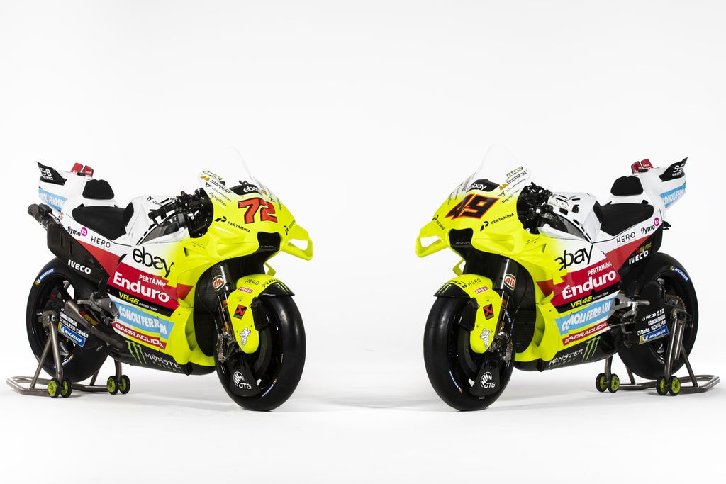 Tampilan baru motor tim Pertamina Enduro VR46 Racing yang akan dipacu oleh Marco Bezzecchi dan Fabio Di Giannantonio dalam MotoGP 2024. Tim milik Valentino Rossi ini memiliki sponsor baru perusahaan asal Indonesia, Pertamina Lubricant. Formasi tim untuk persaingan musim ini diluncurkan secara resmi di Riccione, Italia, Rabu (24/1/2024).