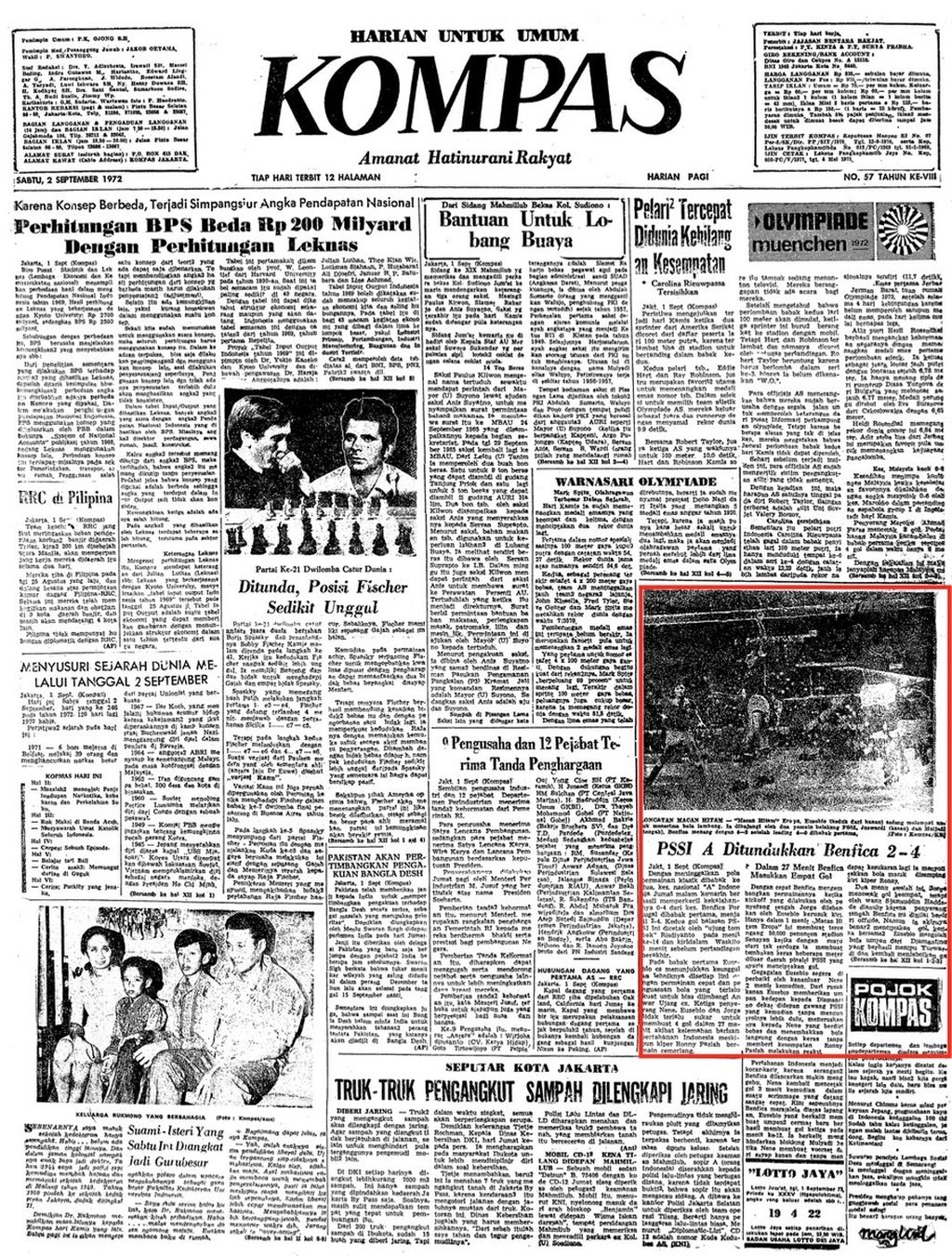 Berita di halaman utama "Kompas" edisi, Sabtu, 2 September 1972, tentang hasil duel tim PSSI menghadapi Benfica, 1 September 1972, di Stadion Utama Senayan, Jakarta.