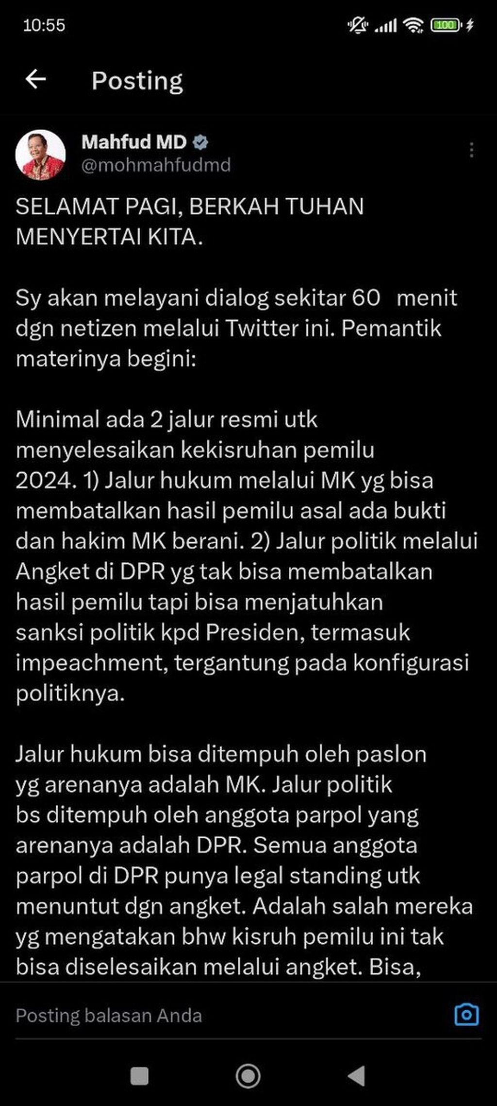 Tangkapan layar cuitan calon wakil presiden nomor urut 3, Mahfud MD, yang mengomentari isu hak angket di akun media sosial X atau Twitter, Senin (26/2/2024) pagi. 