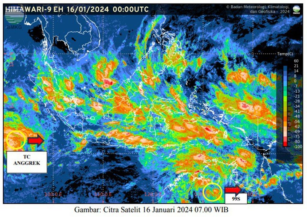 Siklon tropis Anggrek terbentuk di Samudra Hindia sebelah barat Bengkulu, sementara satu bibit siklon 99S terbentuk di Samudra Hindia sebelah utara Australia. Sumber: BMKG