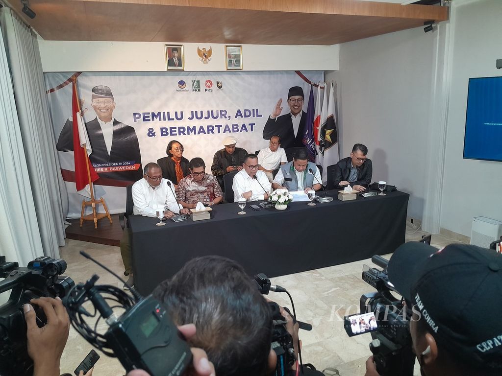 Jumpa pers Timnas Pemenangan Anies Baswedan-Muhaimin Iskandar, Kamis (15/2/2024), menyikapi perkembangan proses pemilu.