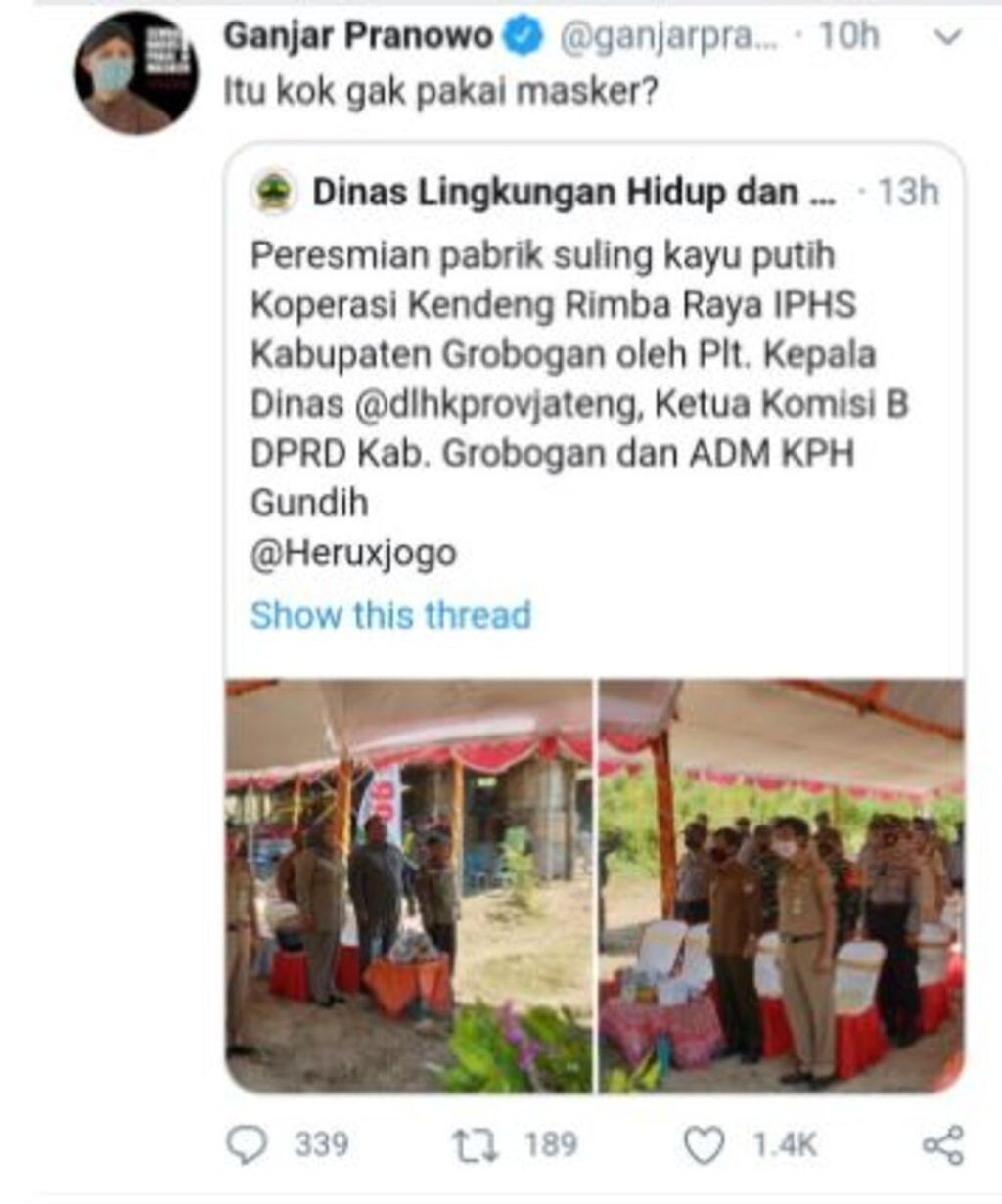 Tangkapan layar media sosial soal teguran Gubernur Jateng Ganjar Pranowo kepada sejumlah pejabat yang tak memakai masker dalam salah satu acara seremonial di Kabupaten Grobogan.