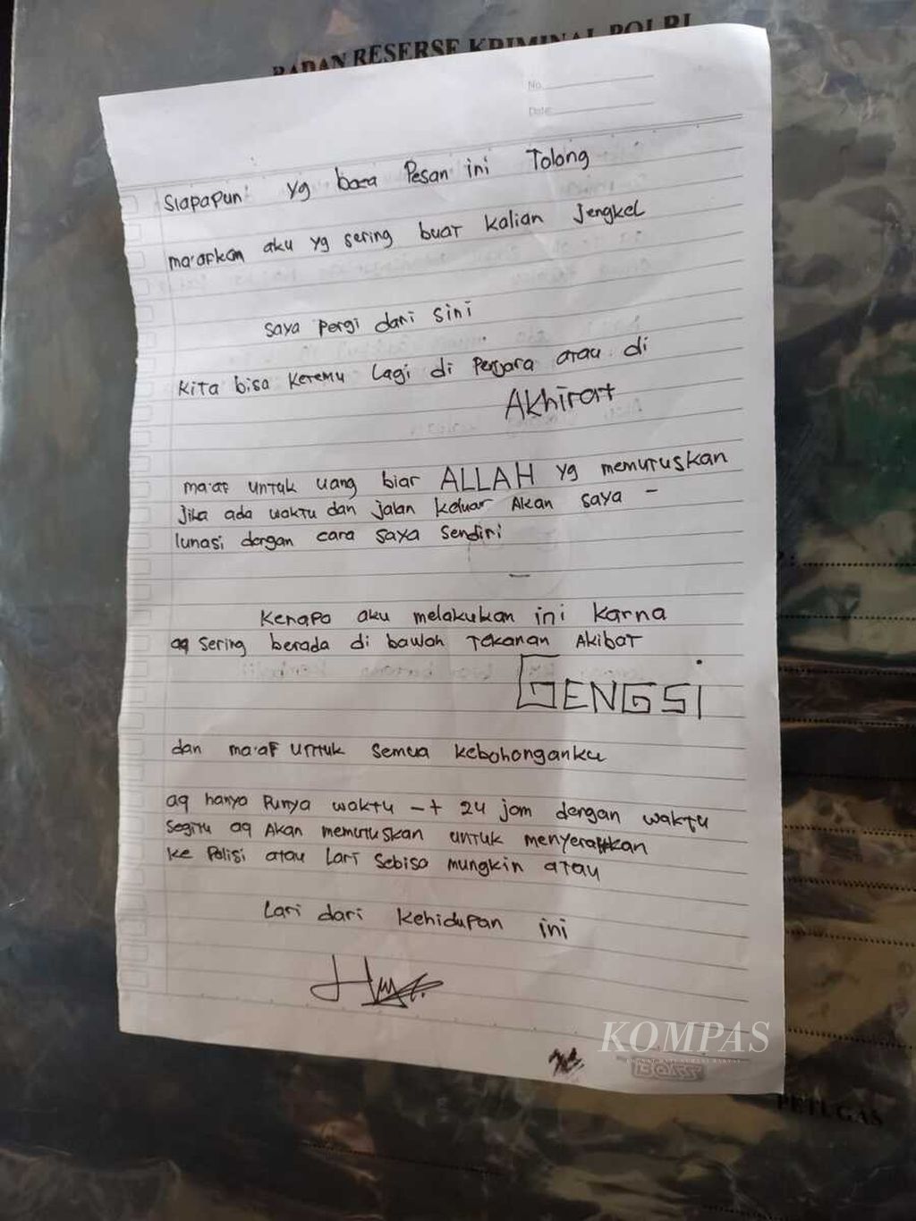 Surat yang ditulis oleh Heru Prastiyo (23), pelaku mutilasi seorang perempuan di Kabupaten Sleman, Daerah Istimewa Yogyakarta.