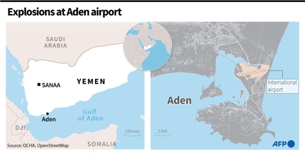 Map locating Aden in Yemen and the international airport hit by deadly explosions on Wednesday. – AFP / AFP