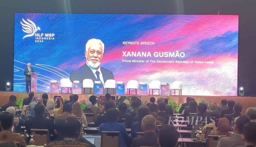 Perdana Menteri Timur Leste Xanana Gusmao memberikan pidato kunci dalam Forum Tingkat Tinggi Kemitraan Multipihak (HLF MSP) yang digelar di Bali International Convention Center, Nusa Dua, Badung, Bali, Senin (2/9/2024).