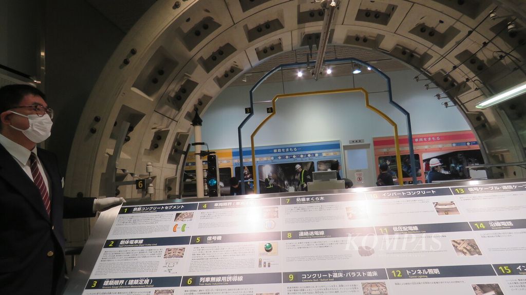 Manajer Tokyo Metro Museum Koichi Okubo menjelaskan kepada jurnalis peserta MRT Jakarta Fellowship Program (MFP) 2023 dan tim MRT Jakarta tentang terowongan yang terbentuk yang menjadi lintasan kereta bawah tanah di Metro Museum, Tokyo, Jepang, Selasa (14/11/2023).