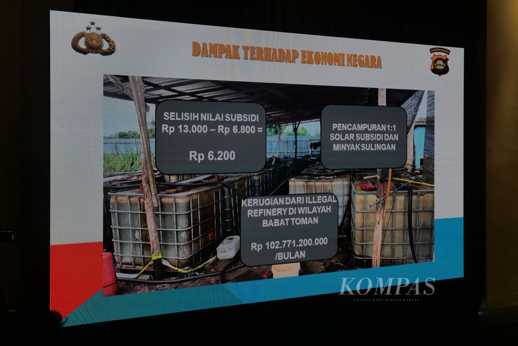 Data kerugian akibat aktivitas peredaran minyak ilegal yang ditampilkan Dirreskrimsus Kepolisian Daerah Sumatera Selatan dalam rapat koordinasi tentang ”Penanganan Illegal Refinery atau Kilang Minyak Ilegal di Kabupaten Musi Banyuasin, Sumsel” di Markas Polda Sumsel, Palembang, Rabu (31/1/2024). 