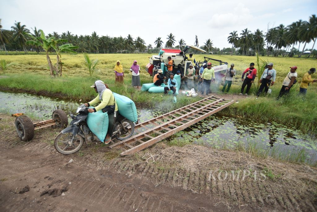 Petani menggunakan alat komben alias <i>combine harvester</i> untuk memanen di persawahan Desa Purwosari, Kecamatan Tanjung Lago, Sumatera Selatan, Senin (26/2/2024). Tingginya harga beras di pasaran menjadi berkah tersendiri bagi petani. 